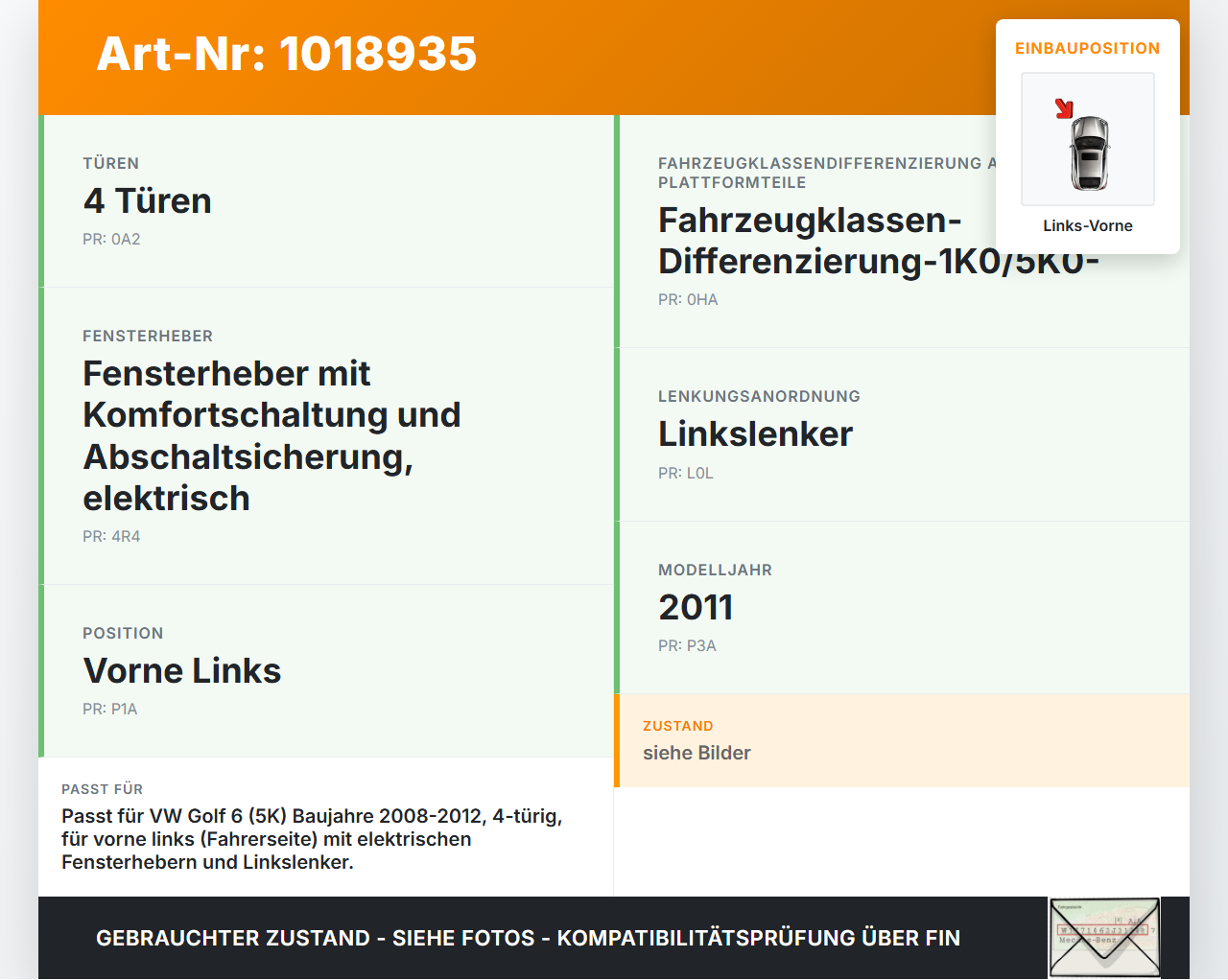 VW Golf 6 VI 5K 08-12 5T Fensterhebermotor Fensterheber Türer Links Vorne VW Golf 6 VI 5K 08-12 15.06.2011... Vorschau 3