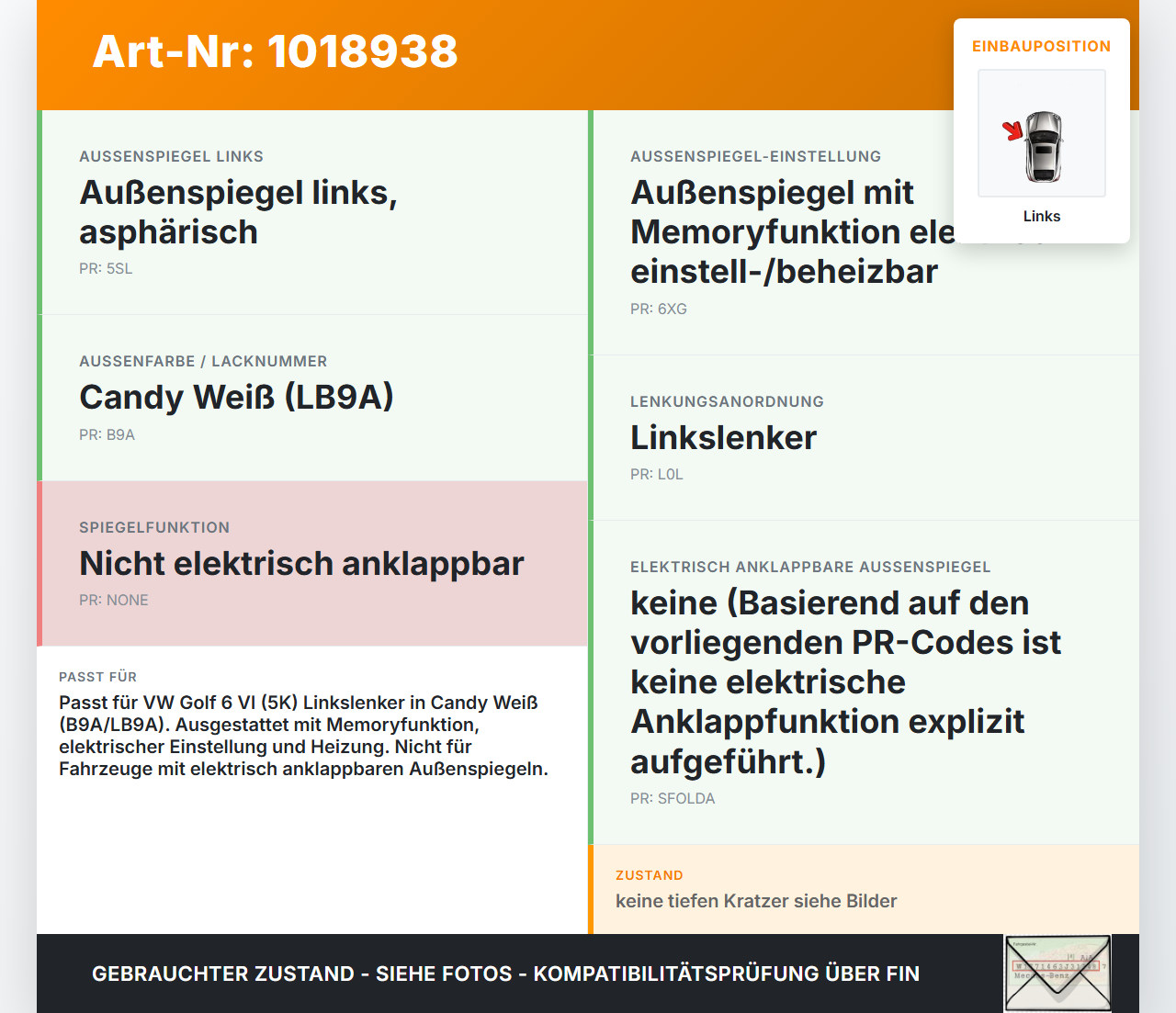 VW Golf 6 VI 5K 08-12 Spiegel Aussenspiegel Links Memory beheizt LB9A VW Golf 6 VI 5K 08-12 15.06.2011 5K0857507AD... Vorschau 3