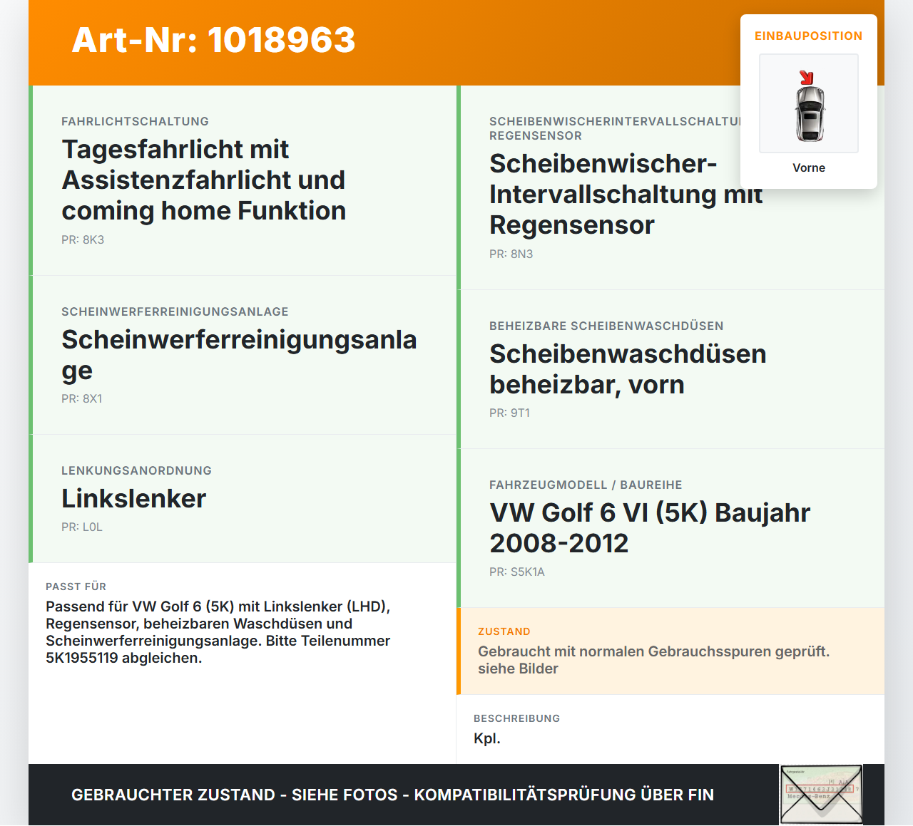 VW Golf 6 VI 5K 08-12 Wischermotor m. Wischergestänge Vorne VW Golf 6 VI 5K 08-12 15.06.2011 1K1955601A 5K1955119... Vorschau 3
