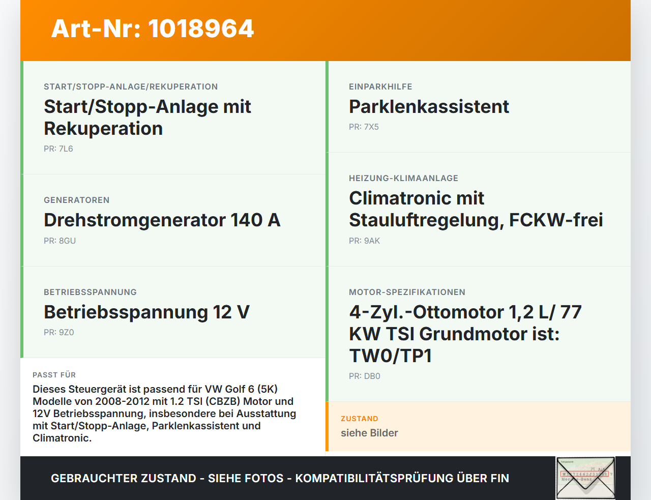 VW Golf 6 VI 5K 08-12 Steuergerät SG Spannungswandler VW Golf 6 VI 5K 08-12 15.06.2011 1K0919041 1K0919041HLH... Vorschau 3