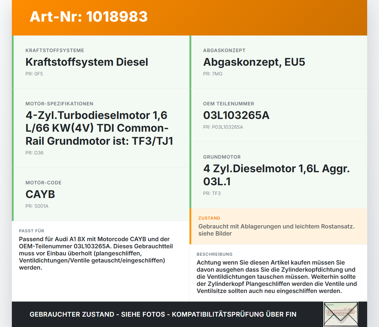 Audi A1 8X 10-14 TDI 1,6 66KW CAYB Zylinderkopf Audi A1 8X 10-14 08.08.2011 03L103265A gebraucht Vorschau 3