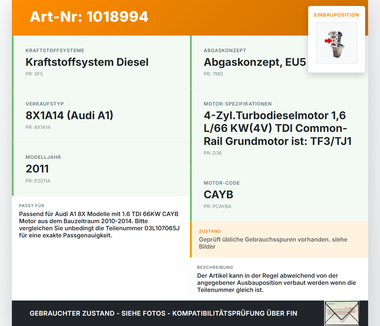 Audi A1 8X 10-14 TDI 1,6 66KW CAYB Kolben mit Pleuel Pos B Audi A1 8X 10-14 08.08.2011 03L107065J gebraucht Vorschau 3