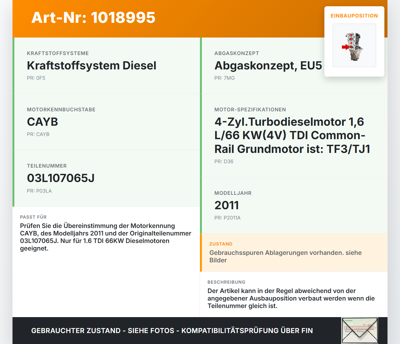 Audi A1 8X 10-14 TDI 1,6 66KW CAYB Kolben mit Pleuel Pos A Audi A1 8X 10-14 08.08.2011 03L107065J gebraucht Vorschau 3