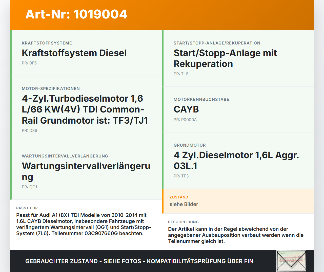Audi A1 8X 10-14 TDI 1,6 66KW CAYB Ölstandsensor Audi A1 8X 10-14 08.08.2011 03C907660G 6PR009629-02 gebraucht Vorschau 3