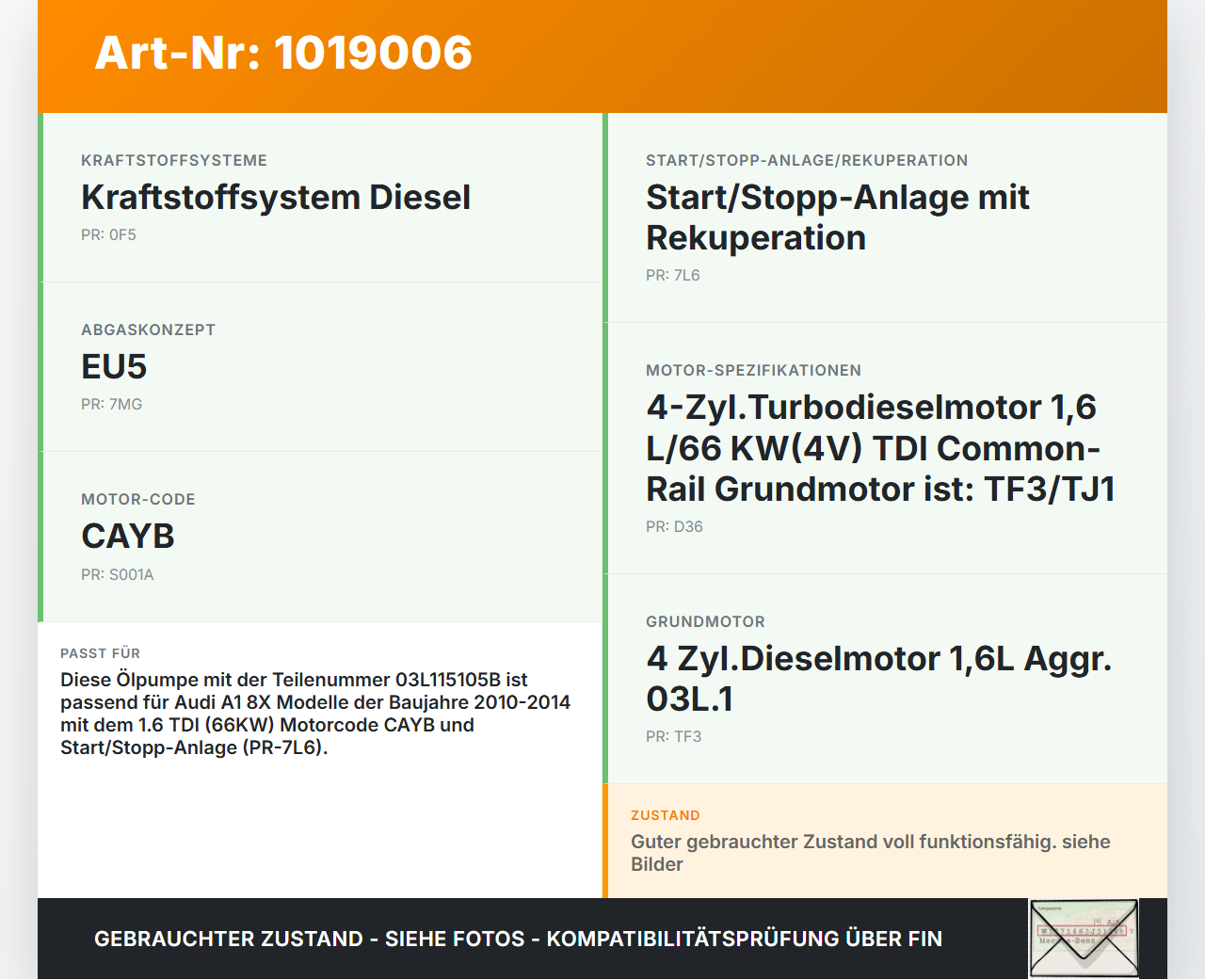 Audi A1 8X 10-14 TDI 1,6 66KW CAYB Ölpumpe Audi A1 8X 10-14 08.08.2011 03L115105B gebraucht Vorschau 3