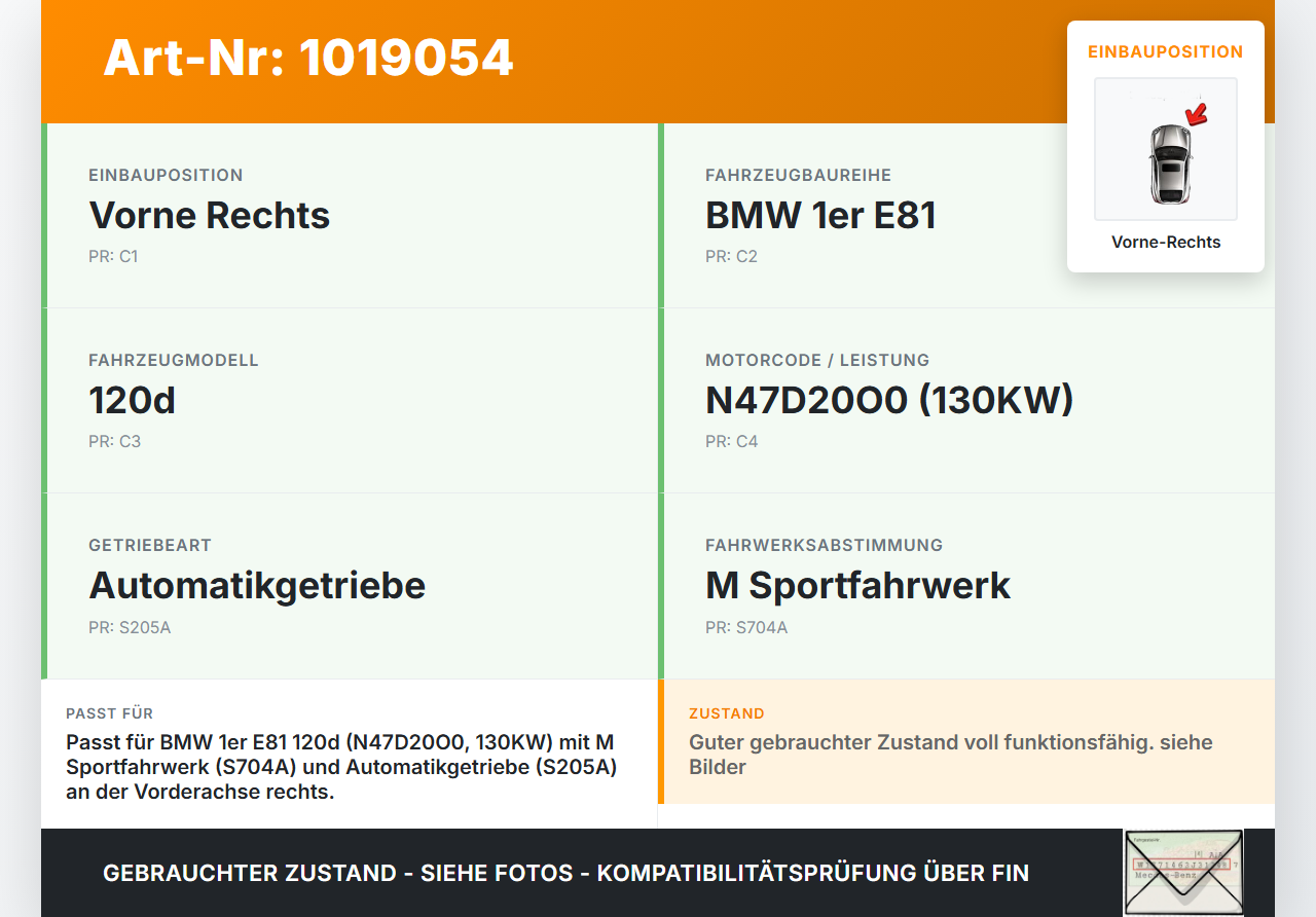 BMW E81 1er 120d 07-12 2,0d 130KW Bremssattel Bremszange Vorne Rechts BMW E81 1er 120d 07-12 26.10.2007 6776528... Vorschau 3