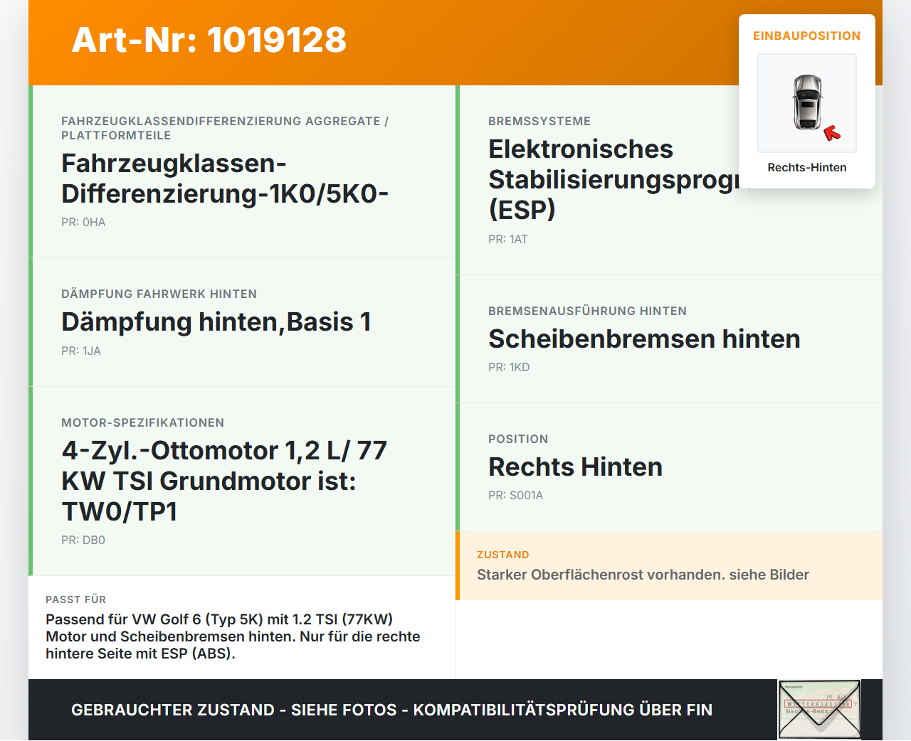 VW Golf 6 VI 5K 08-12 5T 1,2 77KW Achsschenkel Radnabe mit ABS Rechts Hinten VW Golf 6 VI 5K 08-12 15.06.2011... Vorschau 3