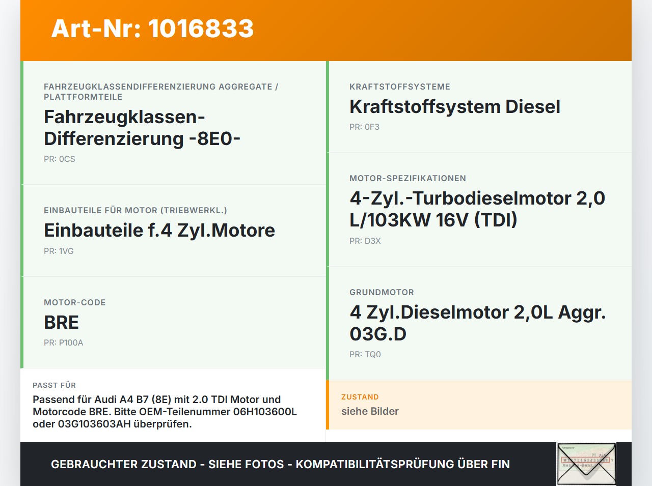 Audi A4 8E B7 04-08  2,0 96KW BRE Ölwanne Motorwanne Audi A4 8E B7 04-08 28.03.2007 06H103600L 03G103603AH gebraucht Vorschau 3