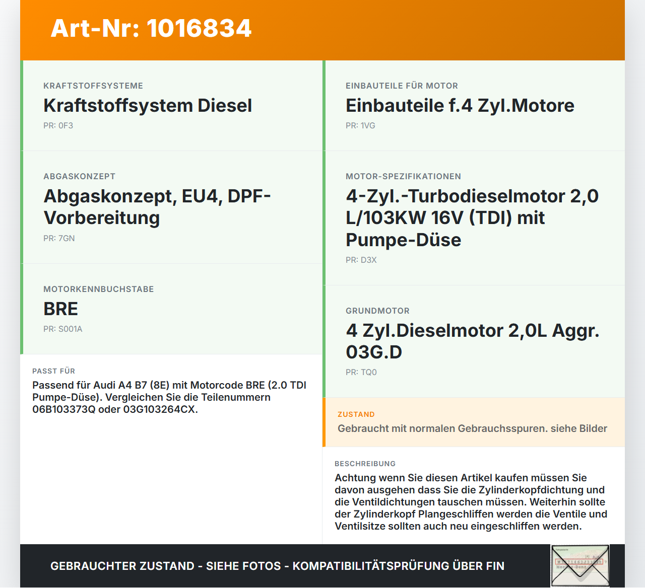 Audi A4 8E B7 04-08  2,0 96KW BRE Zylinderkopf Audi A4 8E B7 04-08 28.03.2007 06B103373Q 03G103264CX gebraucht Vorschau 3