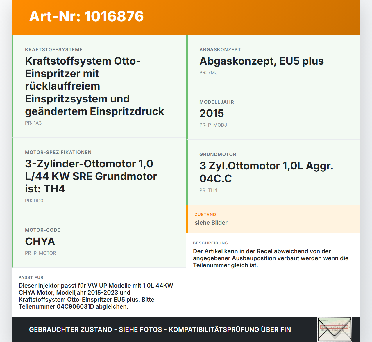 VW UP AA 15-23 1,0 44KW Injektor Einspritzdüse Zyl.1 VW UP AA 15-23 15.01.2015 0280158251 04C906031D gebraucht Vorschau 3