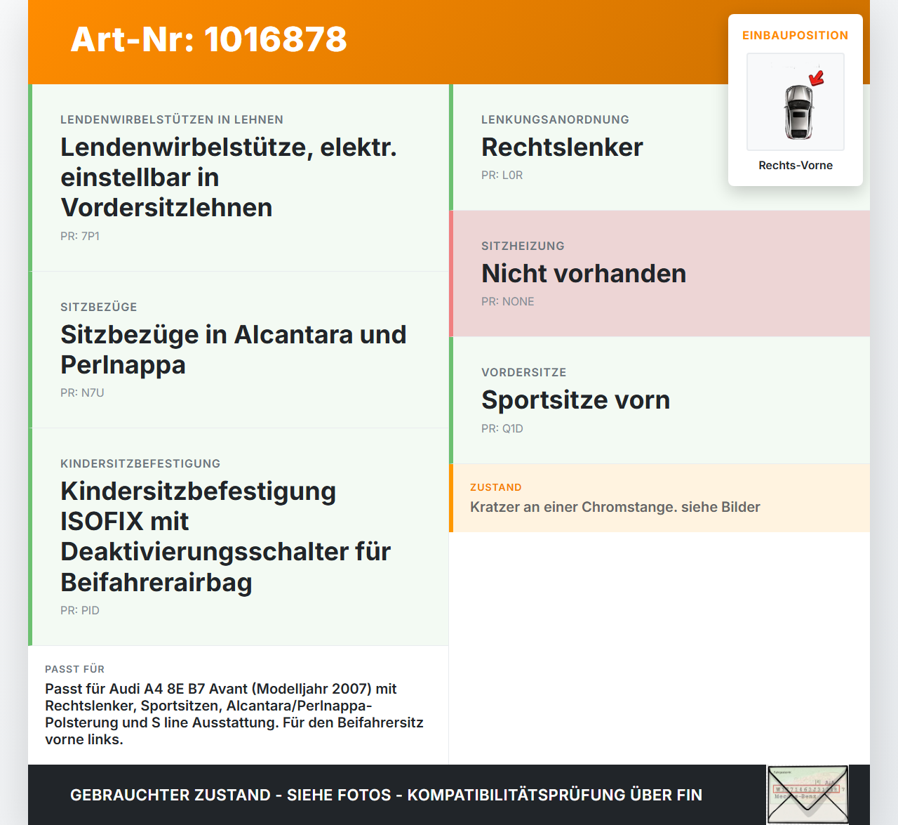 Audi A4 8E B7 04-08 Kombi Kopfstütze Beifahrersitz Rechts Vorne Audi A4 8E B7 04-08 28.03.2007 4F0881902AB gebraucht Vorschau 3