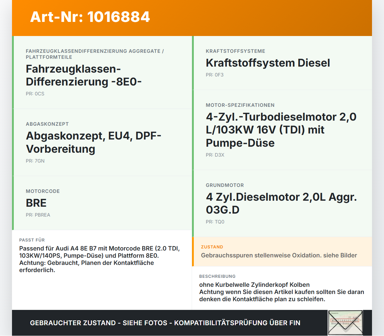 Audi A4 8E B7 04-08  2,0 96KW BRE Motorblock für Motor Audi A4 8E B7 04-08 28.03.2007 03G103011R 03C103021AS gebraucht Vorschau 3