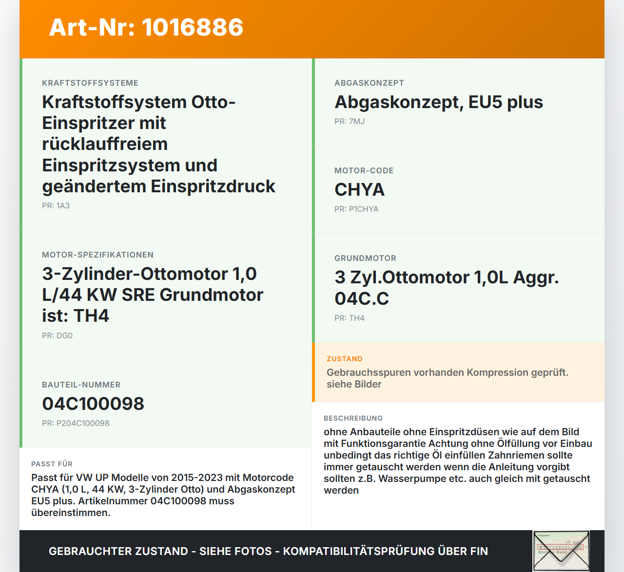 VW UP AA 15-23 1,0 44KW CHYA Motor Triebwerk VW UP AA 15-23 15.01.2015 04C100098 gebraucht Vorschau 3