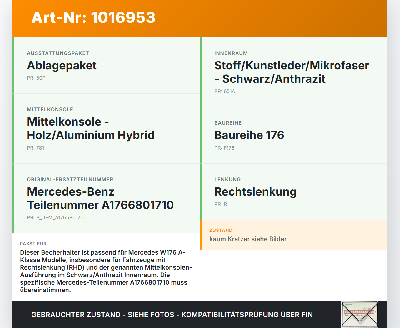 Mercedes W176 A200 12-15 Becherhalter Getränkehalter Mercedes W176 A200 12-15 28.01.2015 A1766801710 1248653-A gebraucht Vorschau 3
