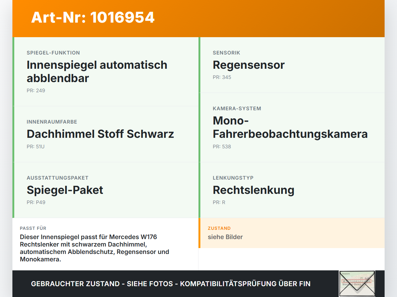 Mercedes W176 A200 12-15 Innenspiegel Rückspiegel Spiegel Innen Mercedes W176 A200 12-15 28.01.2015 A1768100317... Vorschau 3