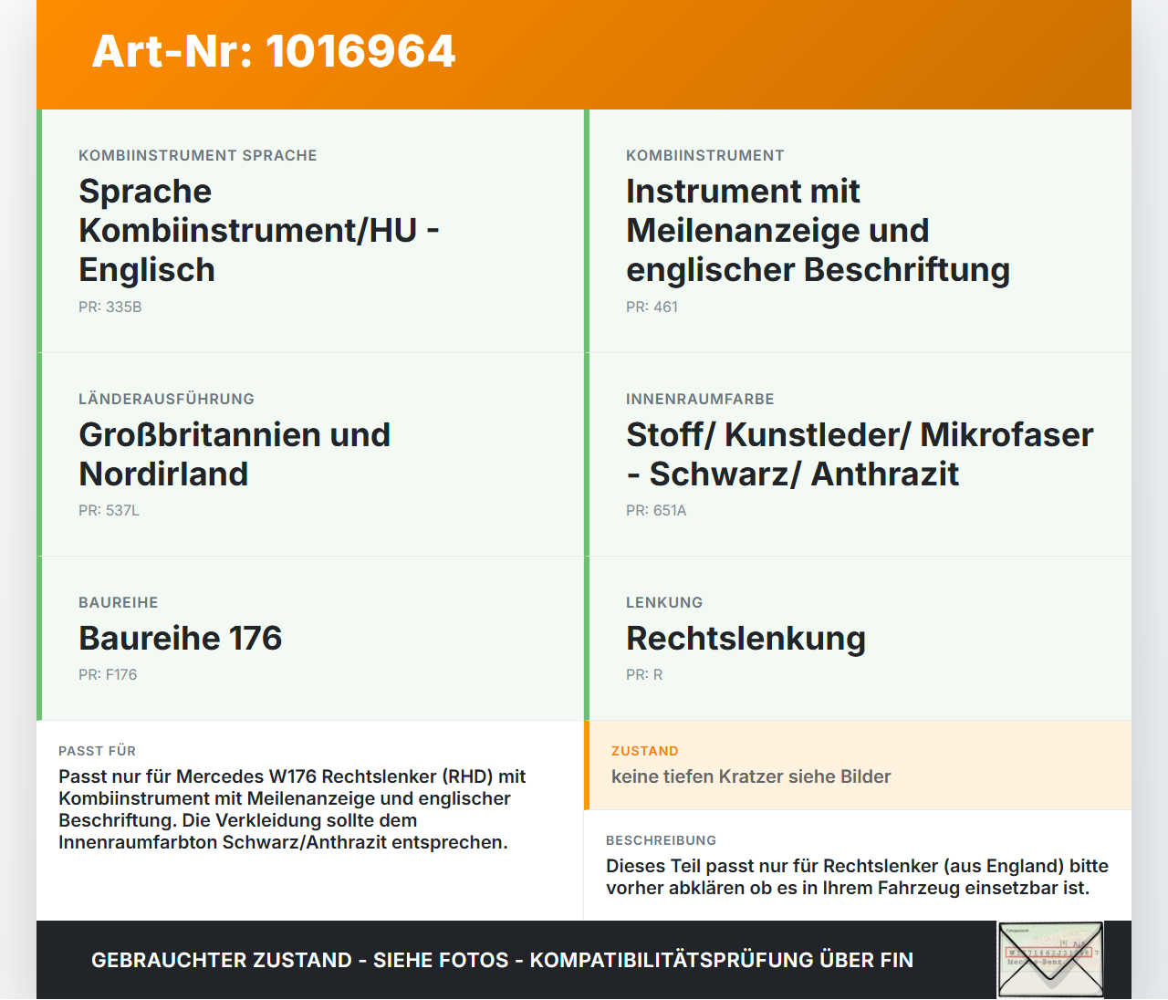 Mercedes W176 A200 12-15 RHD Verkleidung für Tacho Mercedes W176 A200 12-15 28.01.2015 A1766830200 gebraucht Vorschau 3