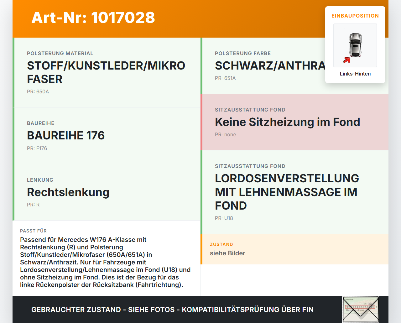 Mercedes W176 A200 12-15 Sitzbezug Rückenpolster Links für Rücksitzbank Hinten Mercedes W176 A200 12-15 28.01.2015... Vorschau 3