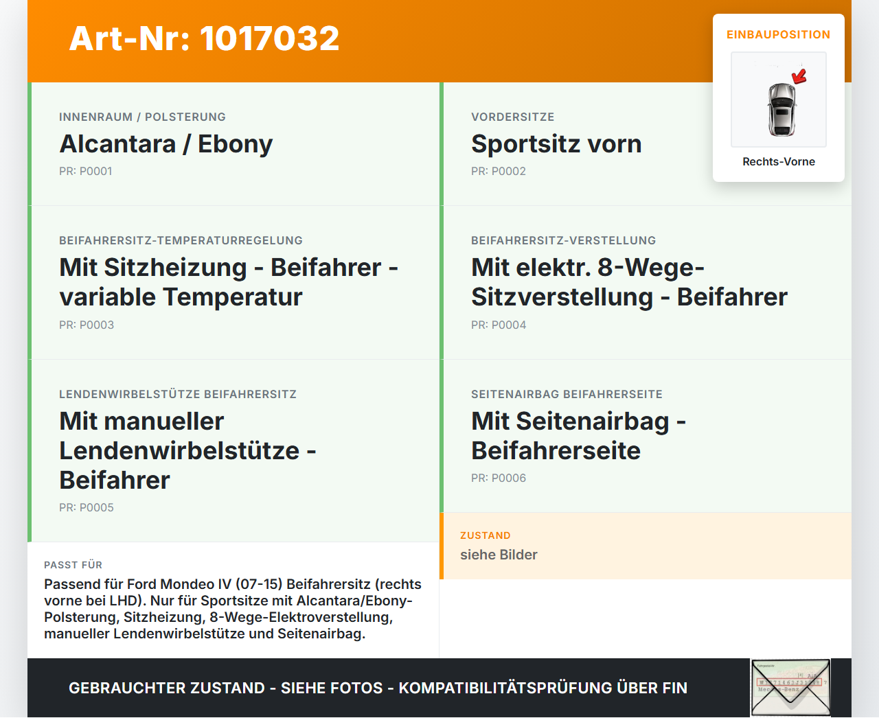 Ford Mondeo IV 4 07-15 Sitzbezug Rückenpolster Rechts Vorne für Beifahrer Sitz Ford Mondeo IV 4 07-15 03.03.2011... Vorschau 3