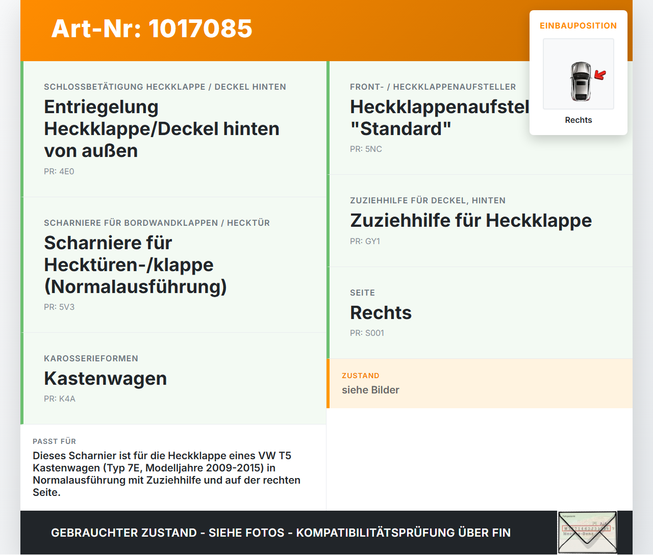 VW T5 7E 09-15 Kasten Scharniere Scharnier für Heckklappe Rechts VW T5 7E 09-15 06.06.2011 gebraucht Vorschau 3