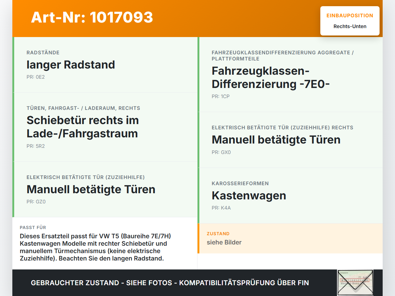 VW T5 7E 09-15 Kasten Führungsrolle f. Schiebetür Rechts Unten VW T5 7E 09-15 06.06.2011 7E0843398G 7H0843398 gebraucht Vorschau 3