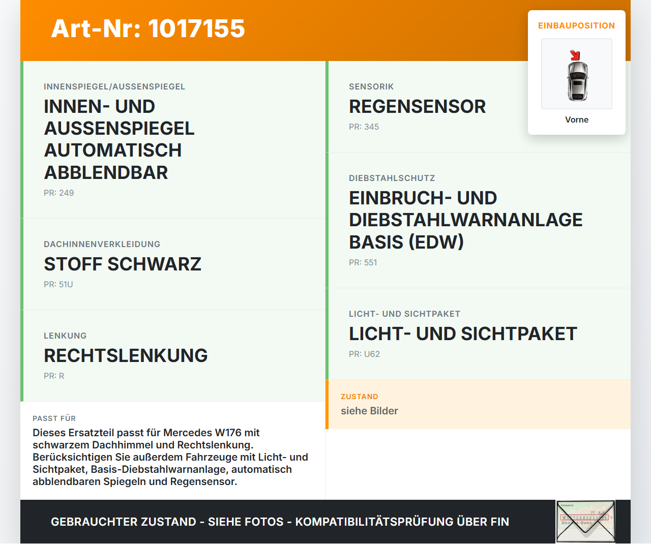Mercedes W176 A200 12-15 Innenleuchte Innenraumleuchte Vorne Mercedes W176 A200 12-15 28.01.2015 A2218200401 gebraucht Vorschau 3