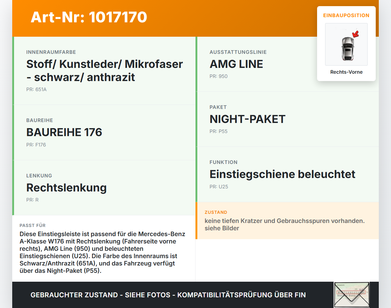 Mercedes W176 A200 12-15 Einstiegsleiste Rechts Vorne Mercedes W176 A200 12-15 28.01.2015 gebraucht Vorschau 3