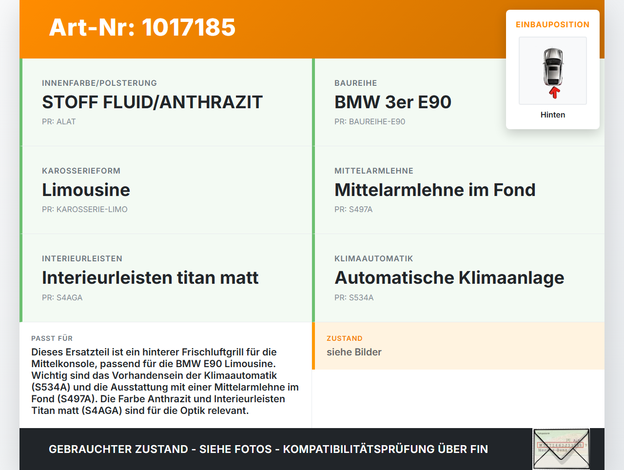 BMW E90 3er 325i 05-08 Hinten Frischluftgrill Luftdusche Luftdüse Mitte Mittelkonsole BMW E90 3er 325i 05-08... Vorschau 3