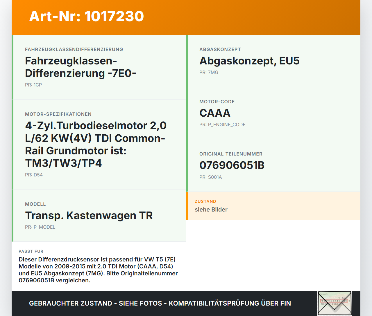 VW T5 7E 09-15 TDI 2,0 103KW Sensor Differenzdrucksensor VW T5 7E 09-15 06.06.2011 076906051B 51MPP02-03 gebraucht Vorschau 3