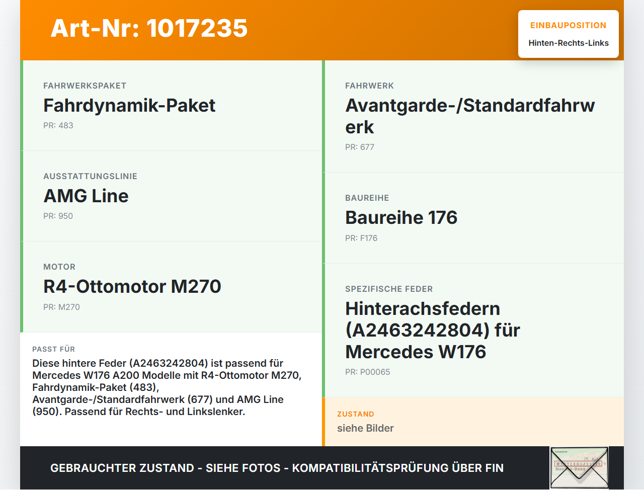 Mercedes W176 A200 12-15 Feder Hinten Rechts und Links Mercedes W176 A200 12-15 28.01.2015 A2463242804 gebraucht Vorschau 3