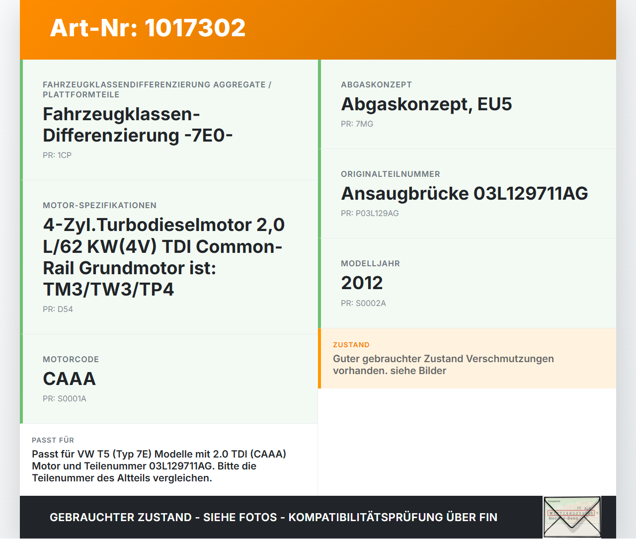VW T5 7E 09-15 TDI 2,0 103KW CAAA Ansaugbrücke Ansaugkrümmer VW T5 7E 09-15 06.06.2011 03L129711P 03L129711AG gebraucht Vorschau 3