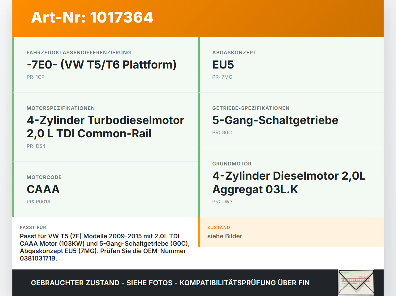 VW T5 7E 09-15 TDI 2,0 103KW Kurbelwellensensor Impulsgeber VW T5 7E 09-15 06.06.2011 038103171B 1J0973703 gebraucht Vorschau 3