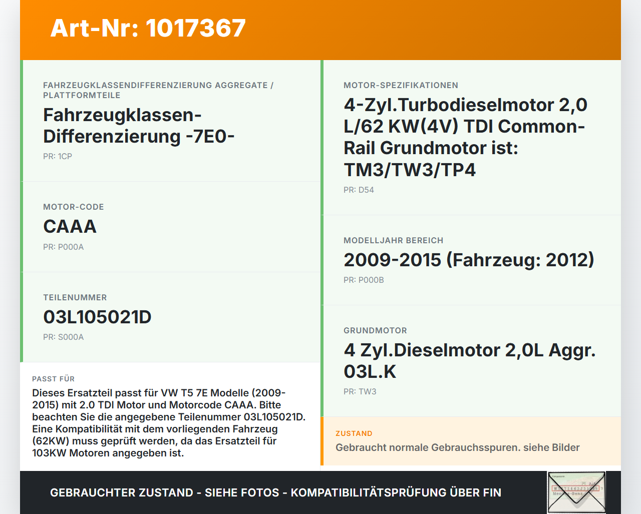 VW T5 7E 09-15 TDI 2,0 103KW CAAA Kurbelwelle VW T5 7E 09-15 06.06.2011 03L105021D gebraucht Vorschau 3