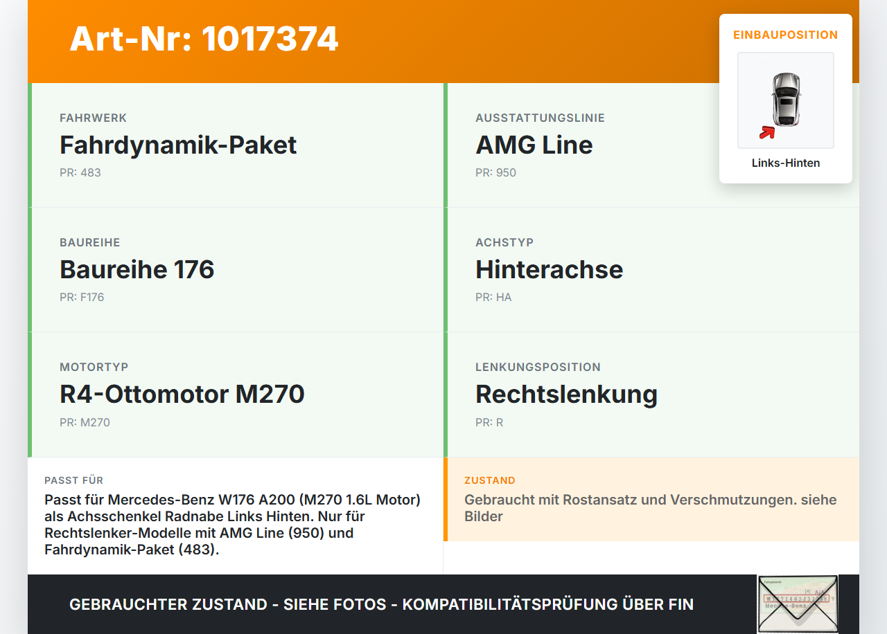 Mercedes W176 A200 12-15  1,6i 115KW Achsschenkel Radnabe Links Hinten Mercedes W176 A200 12-15 28.01.2015... Vorschau 3