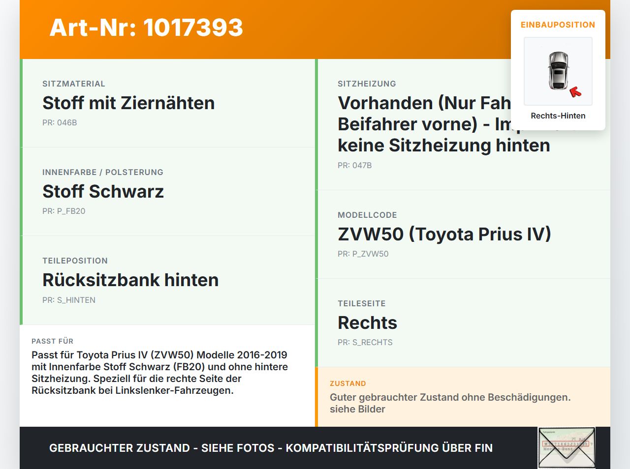 Toyota Prius IV ZVW5 16-19 Sitzbezug Rückenpolster Rechts für Rücksitzbank Hinten Toyota Prius IV ZVW5 16-19... Vorschau 3