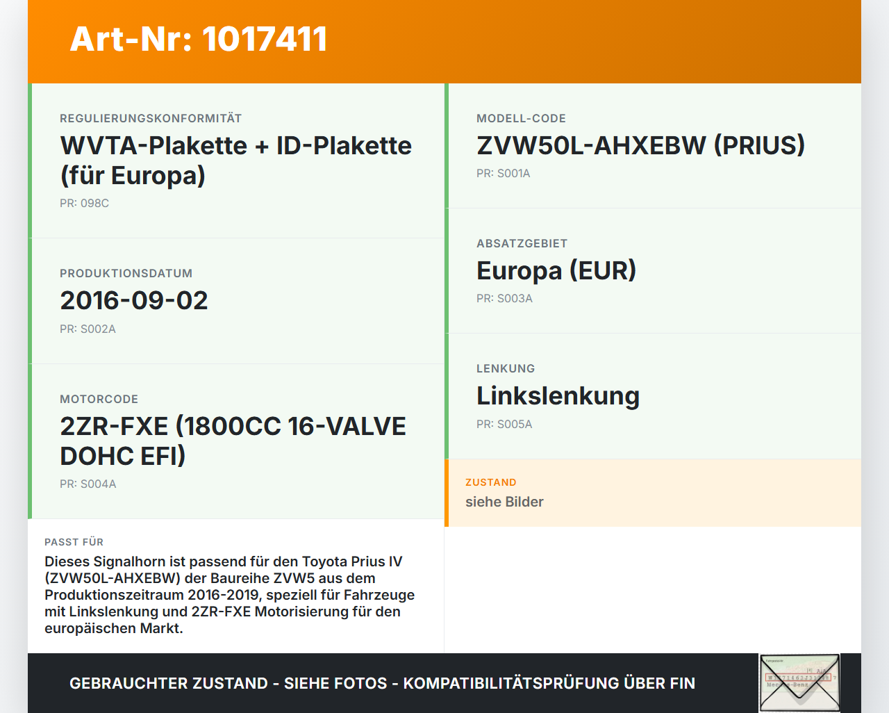 Toyota Prius IV ZVW5 16-19 Hupe Signalhorn Toyota Prius IV ZVW5 16-19 02.09.2016 8652047030 86520-47030 gebraucht Vorschau 3