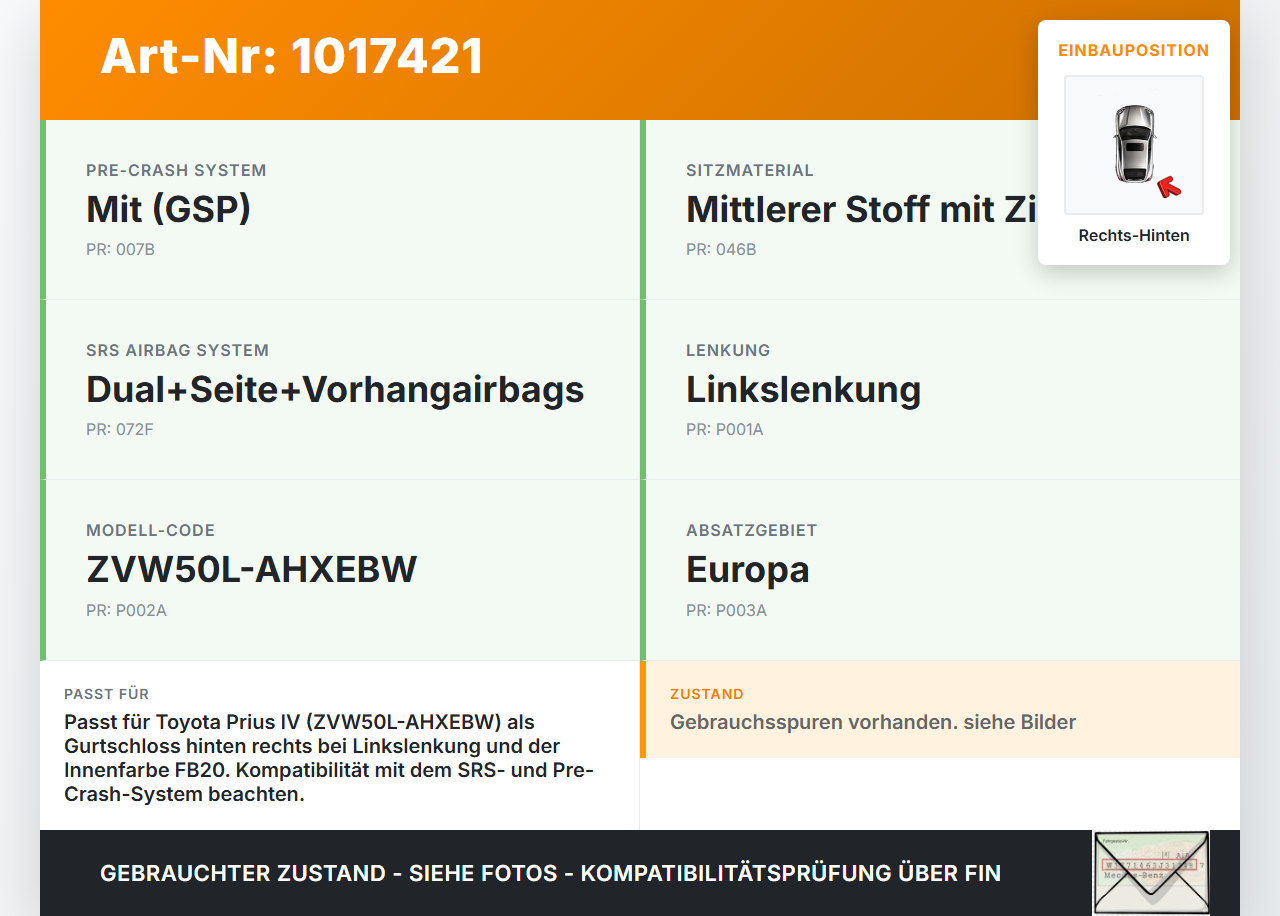 Toyota Prius IV ZVW5 16-19 Gurtschloss Rechts Hinten Toyota Prius IV ZVW5 16-19 02.09.2016 gebraucht Vorschau 3