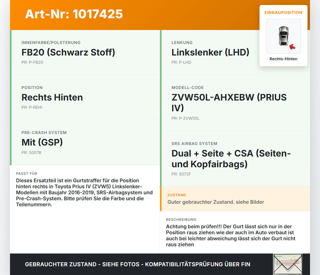 Toyota Prius IV ZVW5 16-19 Gurt Sicherheitsgurt Gurtstraffer für Rechts Hinten Toyota Prius IV ZVW5 16-19... Vorschau 3