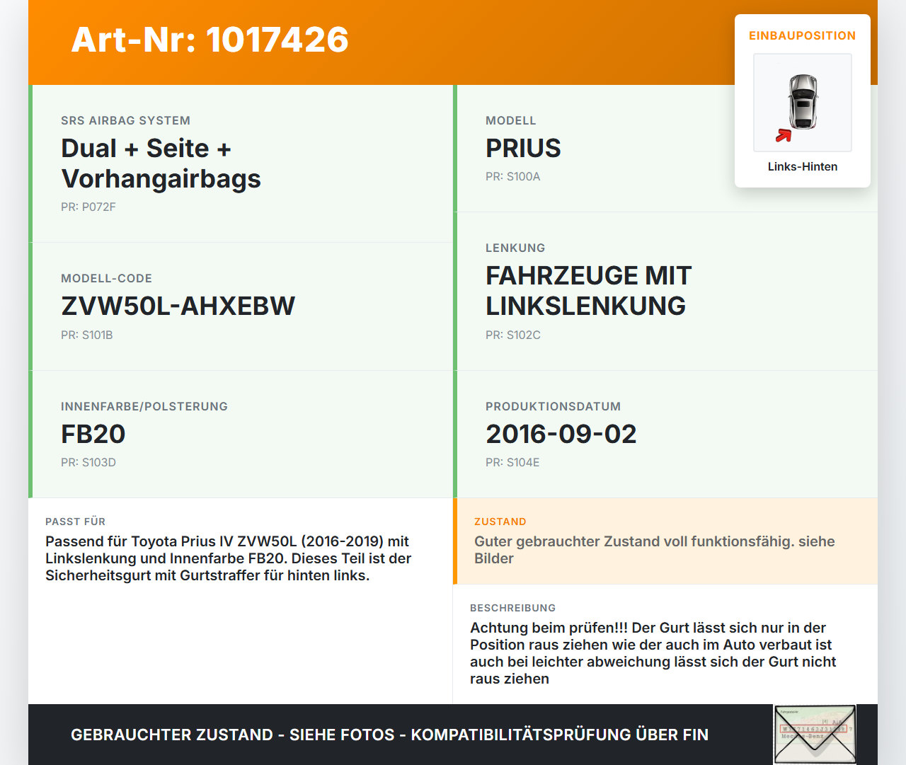 Toyota Prius IV ZVW5 16-19 Gurt Gurtstraffer Sicherheitsgurt Links Hinten Toyota Prius IV ZVW5 16-19 02.09.2016... Vorschau 3