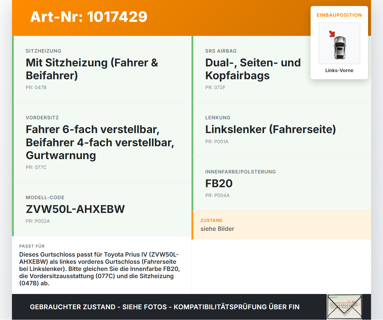 Toyota Prius IV ZVW5 16-19 Gurtschloss Links Vorne Toyota Prius IV ZVW5 16-19 02.09.2016 7322047220C2 gebraucht Vorschau 3