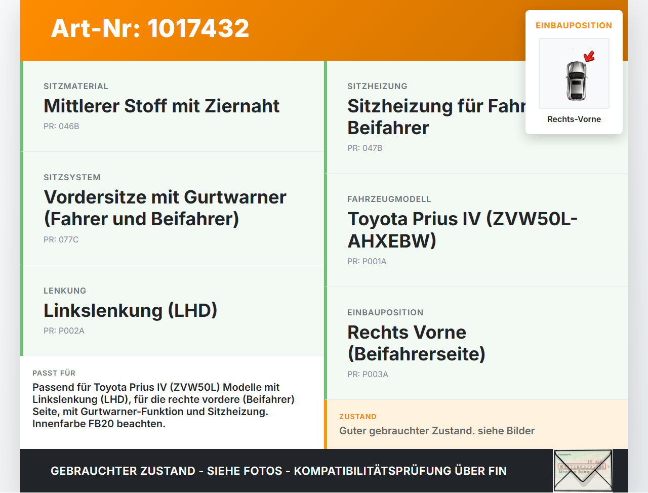 Toyota Prius IV ZVW5 16-19 Gurtschloss Rechts Vorne Toyota Prius IV ZVW5 16-19 02.09.2016 7321047280C2 gebraucht Vorschau 3