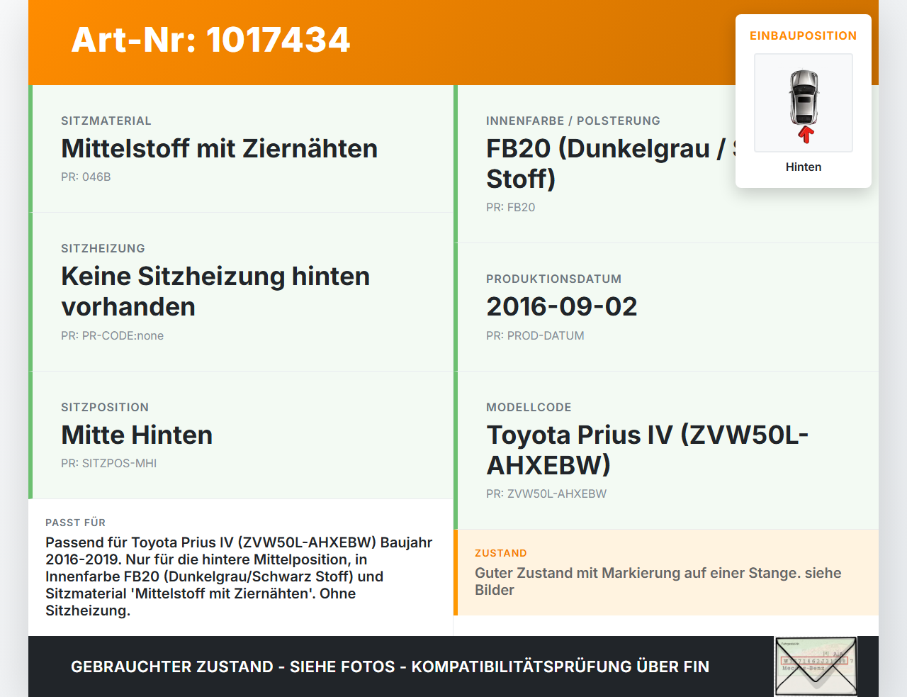 Toyota Prius IV ZVW5 16-19 Kopfstütze Mitte Hinten Toyota Prius IV ZVW5 16-19 02.09.2016 gebraucht Vorschau 3