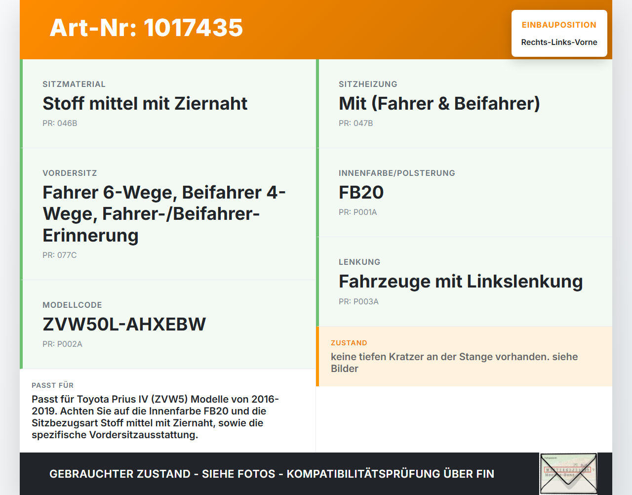 Toyota Prius IV ZVW5 16-19 Kopfstütze für Fahrer Sitz Rechts oder Links Vorne Toyota Prius IV ZVW5 16-19 02.09.2016... Vorschau 3