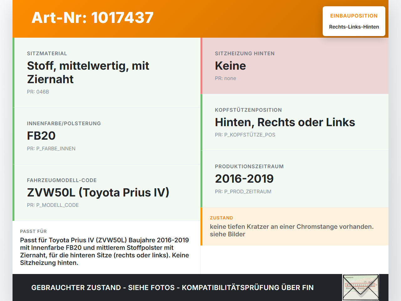 Toyota Prius IV ZVW5 16-19 Kopfstütze Rechts oder Links Hinten Toyota Prius IV ZVW5 16-19 02.09.2016 gebraucht Vorschau 3