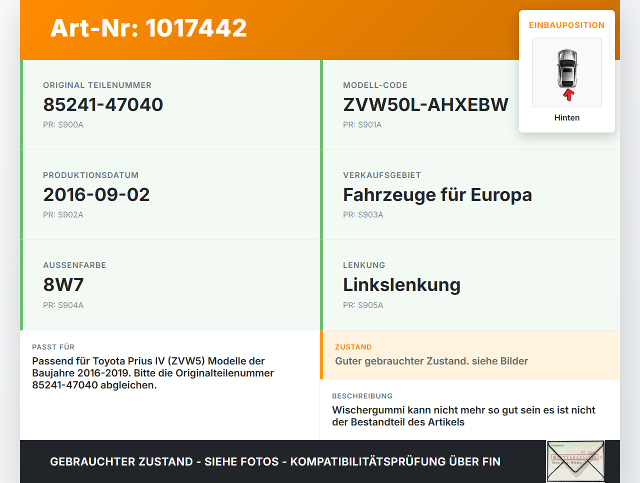 Toyota Prius IV ZVW5 16-19 Heckwischer Scheibenwischer Hinten Wischarm Toyota Prius IV ZVW5 16-19 02.09.2016... Vorschau 3