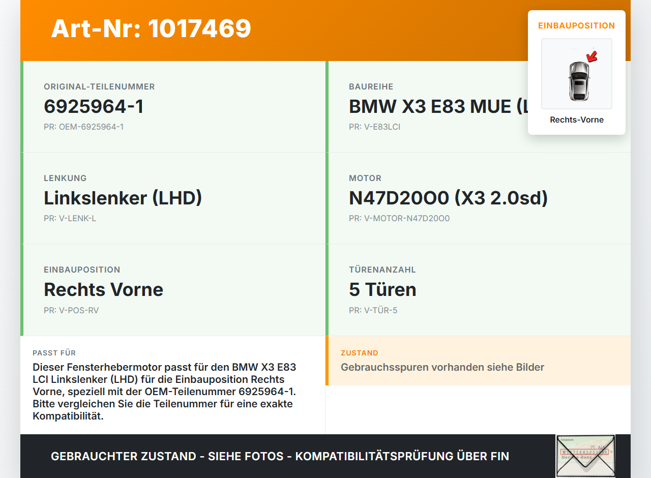 BMW X3 E83 18d LCI 08-11 Fensterhebermotor Rechts Vorne BMW X3 E83 18d LCI 08-11 08.12.2009 6925964 67626925964... Vorschau 3