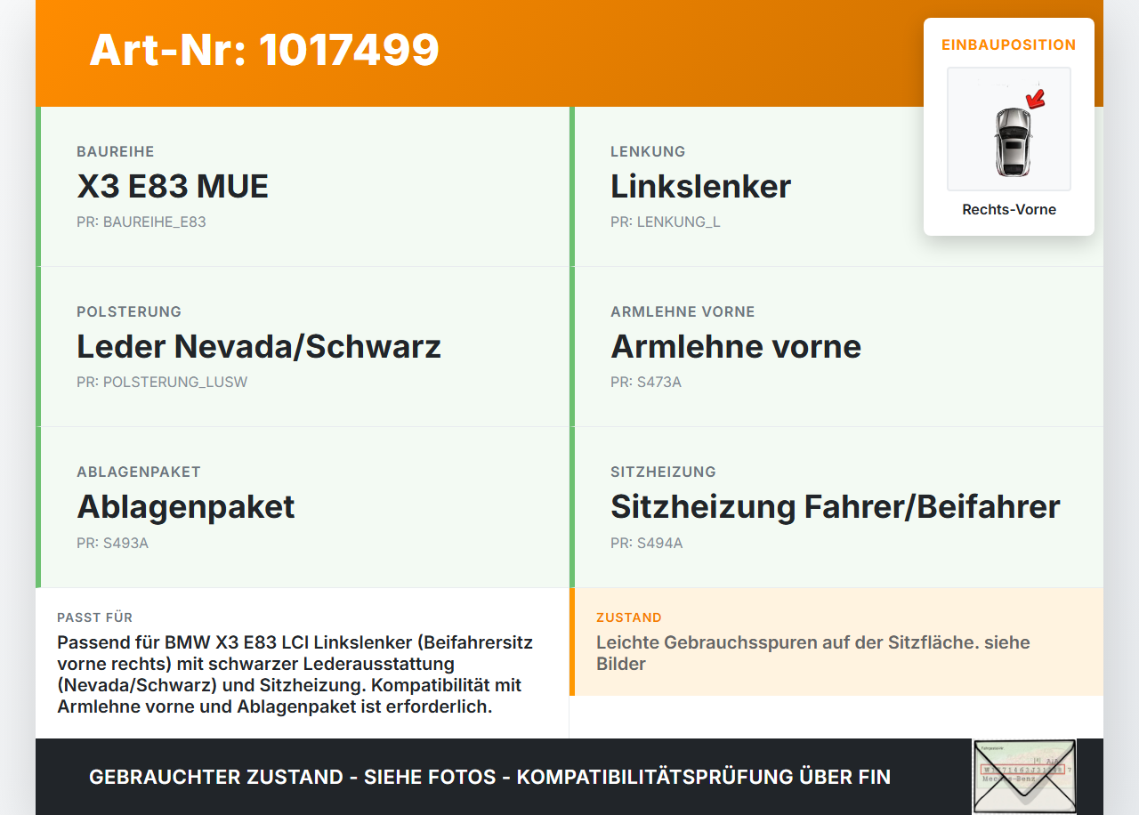 BMW X3 E83 18d LCI 08-11 Sitzbezug Sitzpolster für Beifahrersitz Rechts Vorne Leder Schwarz beheizt BMW X3 E83 18d... Vorschau 3