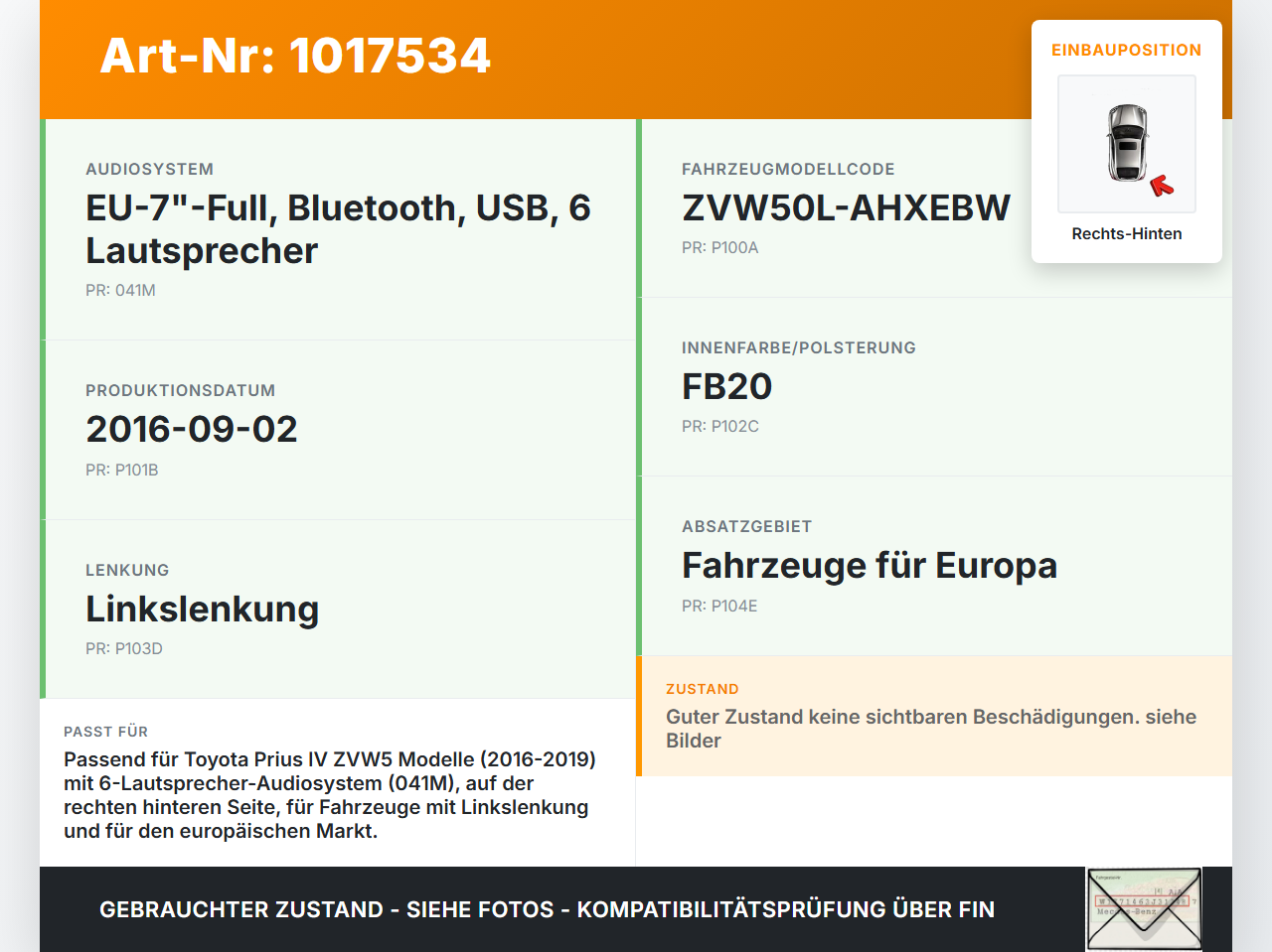 Toyota Prius IV ZVW5 16-19 Lautsprecher Rechts Hinten Toyota Prius IV ZVW5 16-19 02.09.2016 gebraucht Vorschau 3