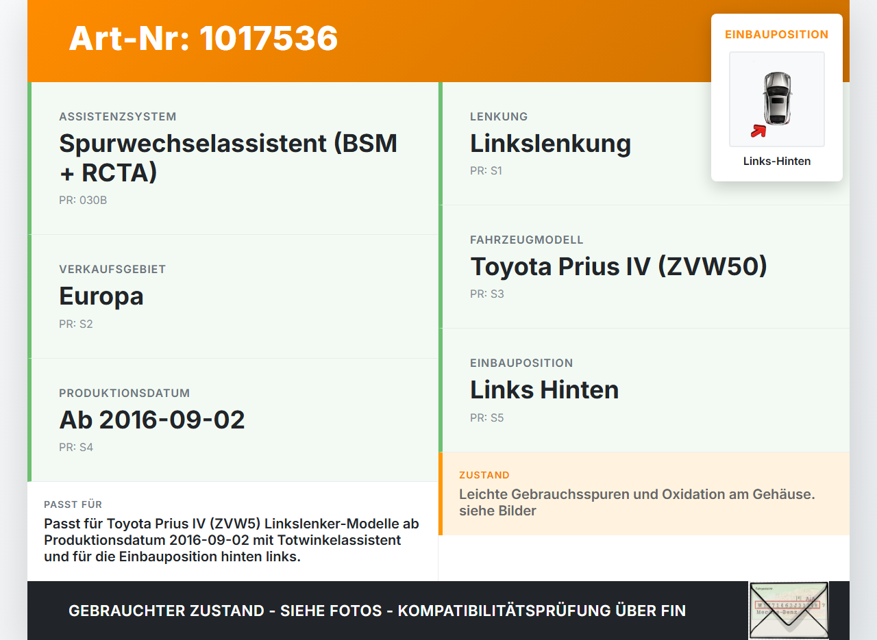 Toyota Prius IV ZVW5 16-19 Hybrid VVT-i 1,8 72KW Sensor Totwinkelassistent Links Hinten Toyota Prius IV ZVW5 16-19... Vorschau 3