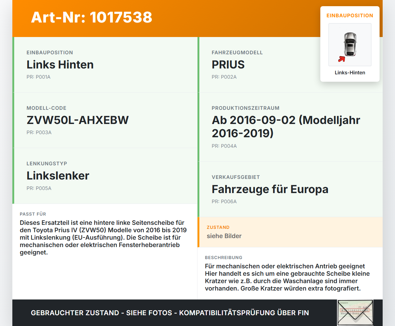 Toyota Prius IV ZVW5 16-19 Seitenscheibe LHK für Tür Fenster Scheibe Links Hinten Toyota Prius IV ZVW5 16-19... Vorschau 3
