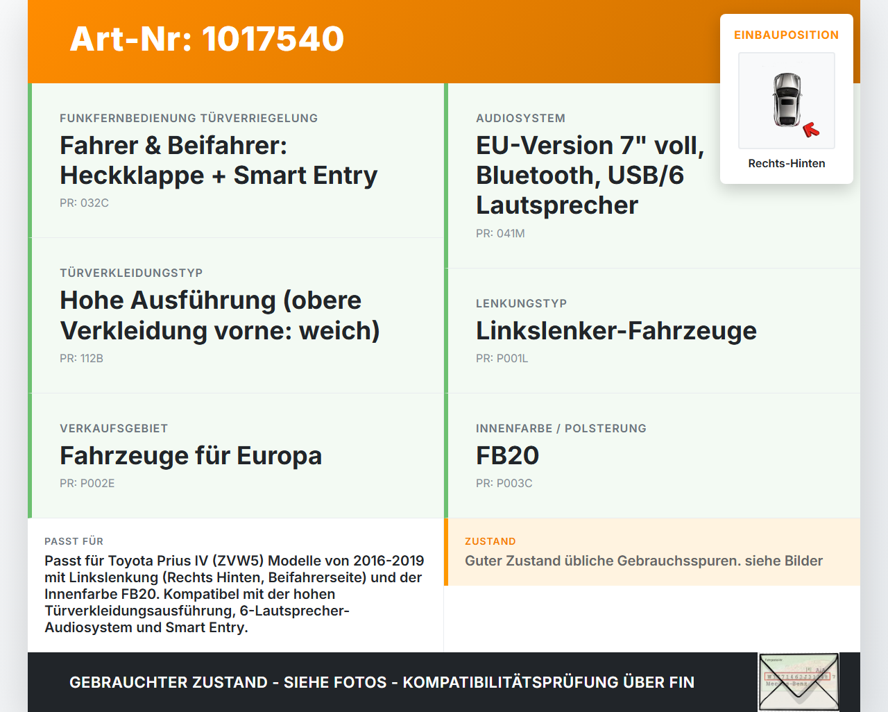 Toyota Prius IV ZVW5 16-19 Türverkleidung Türpappe Rechts Hinten Toyota Prius IV ZVW5 16-19 02.09.2016 97082-47120... Vorschau 3